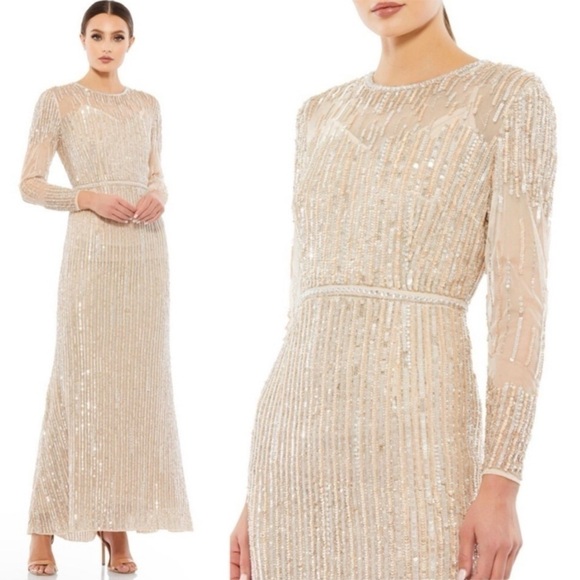 FLAWED NWT Mac Duggal Sheer Full Sequined A-Line Gown Dress in Rose Gold size 4 - Picture 1 of 13
